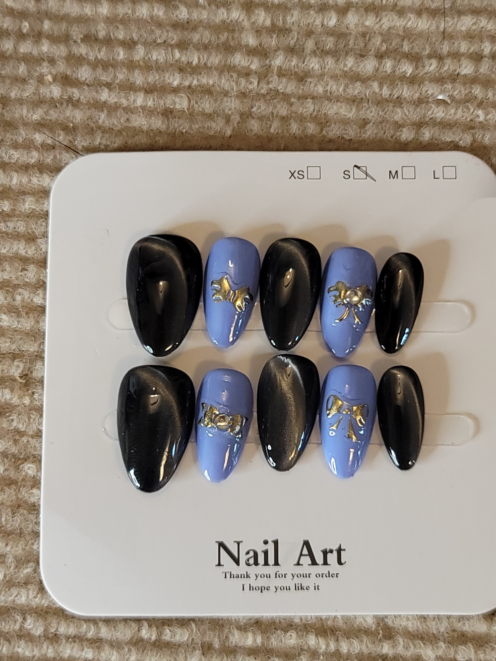 Black and Periwinkle Press-On Nails with Gold Bow Accents
